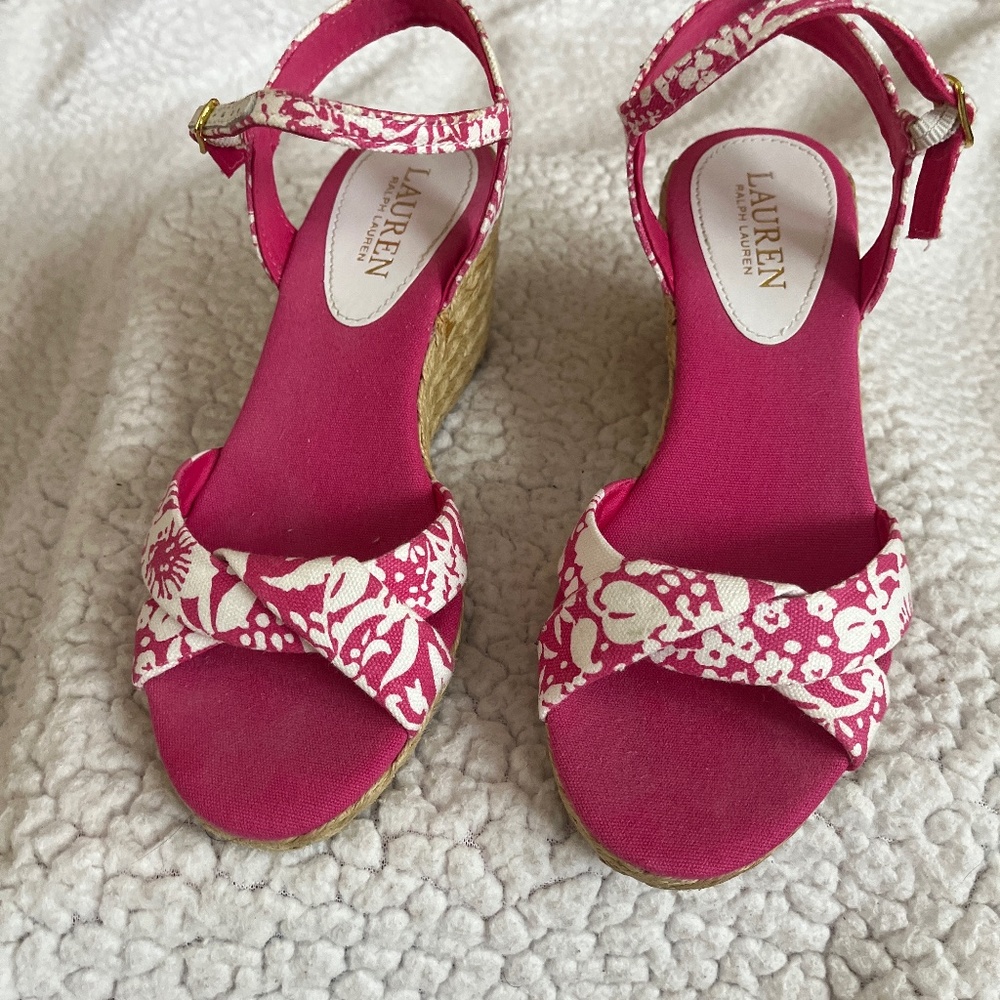 Pink and white wedge sandals